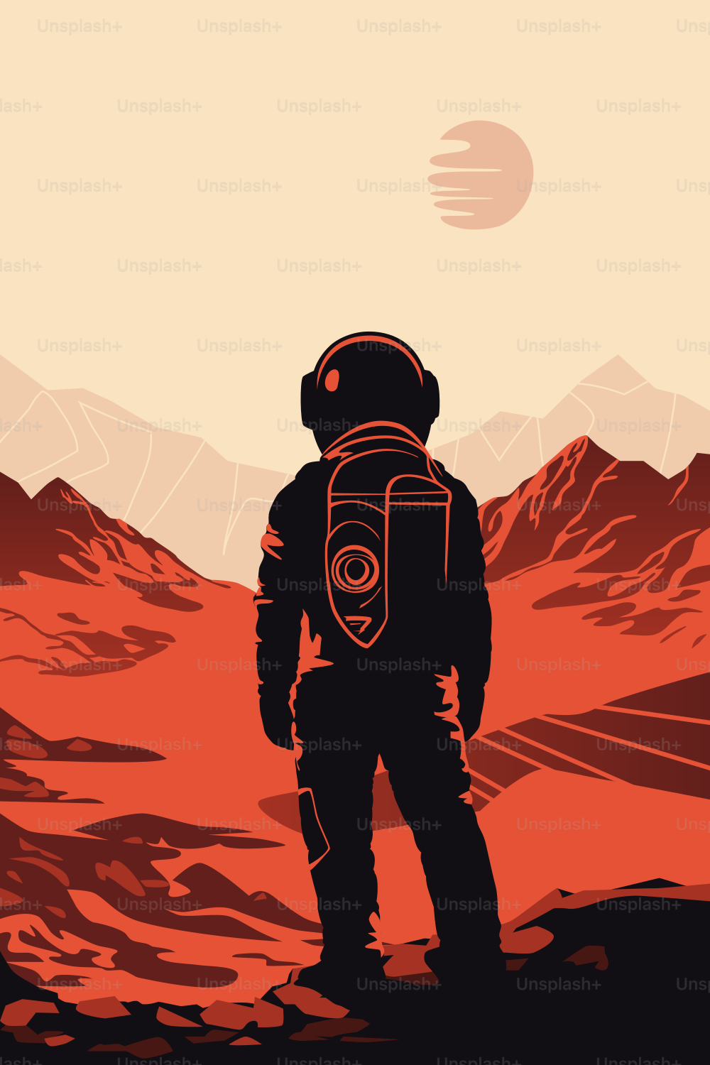Human Space Colonization. Astronaut on a Red Planet.
