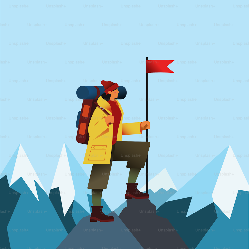Brave adventurer with a bacpack looking forward. Flat vector illustration.