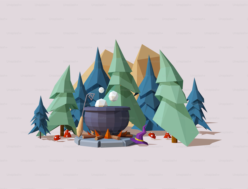 Low poly landscape scene, witch's cauldron, fantasy theme. Vector illustration.