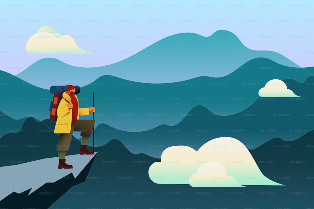 Escursionista con un bacpack in un paesaggio montano. illustrazione vettoriale piatta.