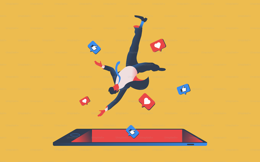 Man in suit falling into the screeen of smartphone which looks like a hole. Social media addiction and depression concept. Vector illustration.
