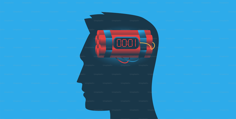 Dynamite with timer in a human head. Mental prblems, depression, stress concept. Vector illustration.