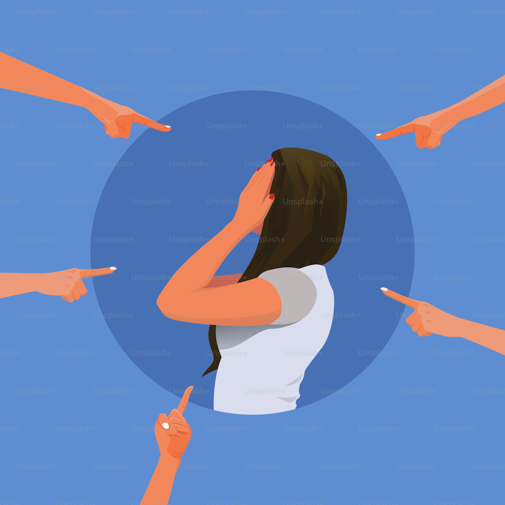 Depressed girl cries and covers her face with her hands. Female surrounded by the hands of her peers pointing at her. Human character vector