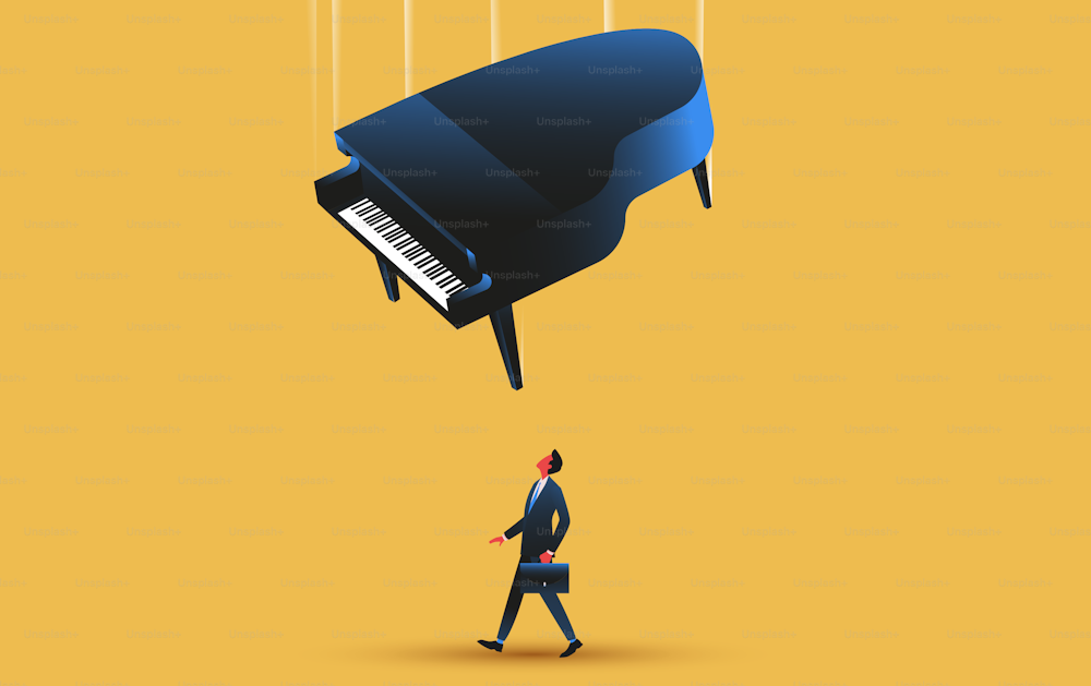 Grand piano falling on a walking man. Risk management, bad luck, insurance concept. Vector illustration.