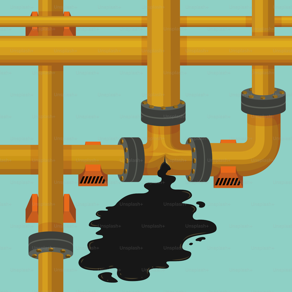 Gasoduto amarelo e oleoduto, rompimento de tubulação e derramamento de óleo.