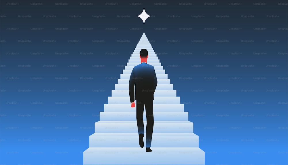 Man climbing stairs to a shining star. Career, sucess and motivation concept. Vector illustration.