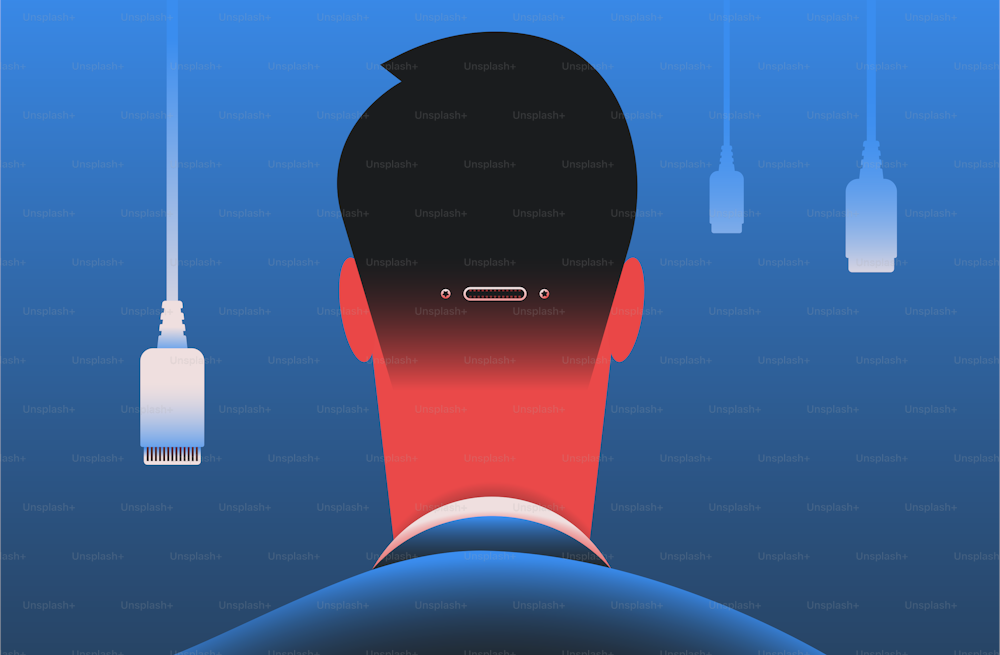 Charging socket in human head. Gadget addiction and inhumanity concept. Vector illustration.