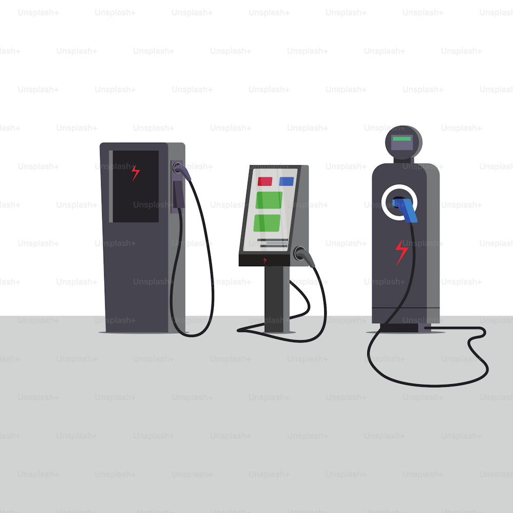 Illustration vectorielle d’un ensemble de bornes de recharge ou de bornes de recharge pour véhicules électriques