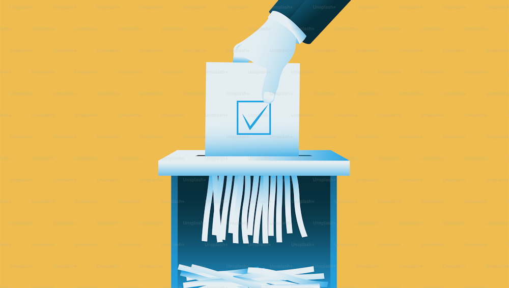 Hand holding shredding ballot. Fake election an manipulating concept. Vector illustration.