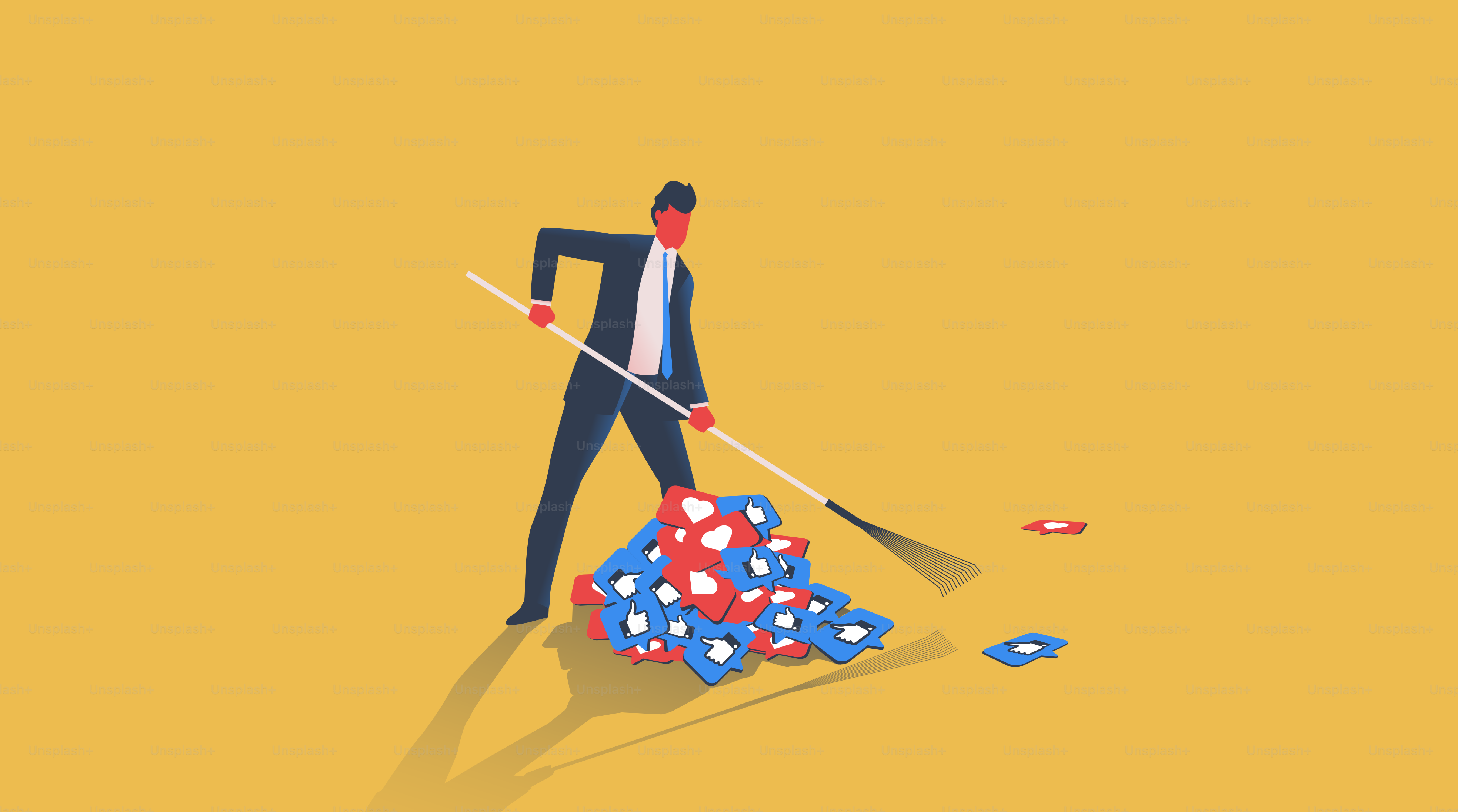 Man sweeping like icons in a heap. Social network addiction concept. Vector illustration.