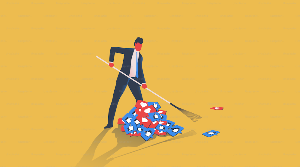 Man sweeping like icons in a heap. Social network addiction concept. Vector illustration.