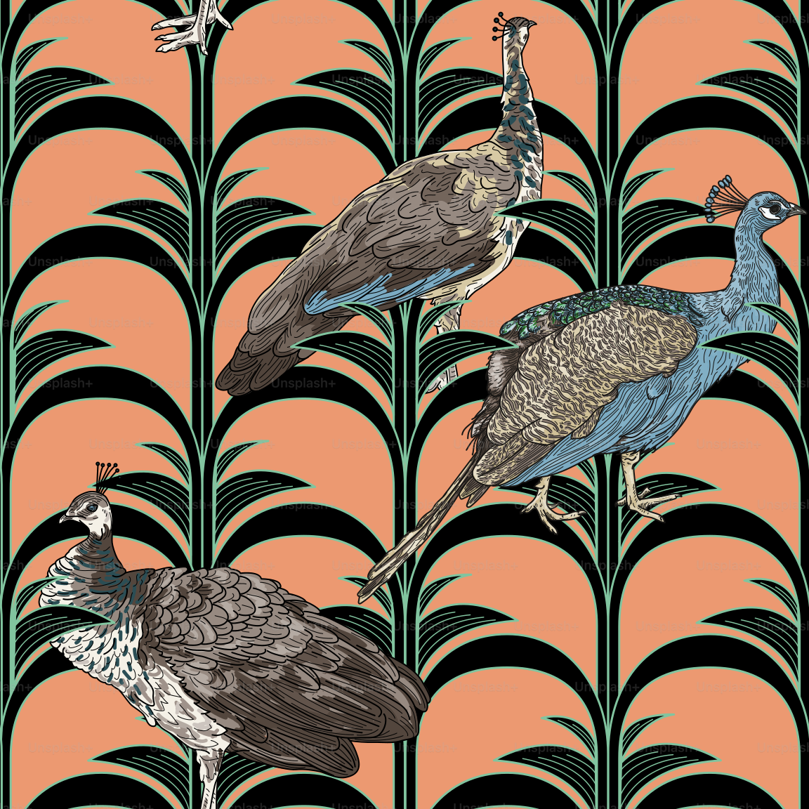 A new take on a classic and elegant art deco motif, featuring peacocks and peahens placed on a simplified palm seamless pattern. Global colours, easy to change.