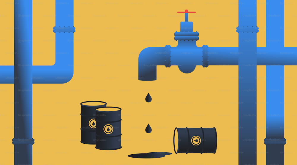 Oil dropping from a pipeline. Fuel shortage and inflation concept. Vector illustration.