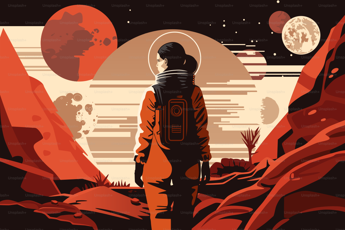 Póster de colonización espacial humana. Astronauta-Explorador. Paisaje de  un planeta rojo lejano y desconocido ahí fuera. Cielos oscuros con lunas y  asteroides. Estrellas de Nuevas Galaxias. vector – Imagen de Ilustración en, image size:3000x2000