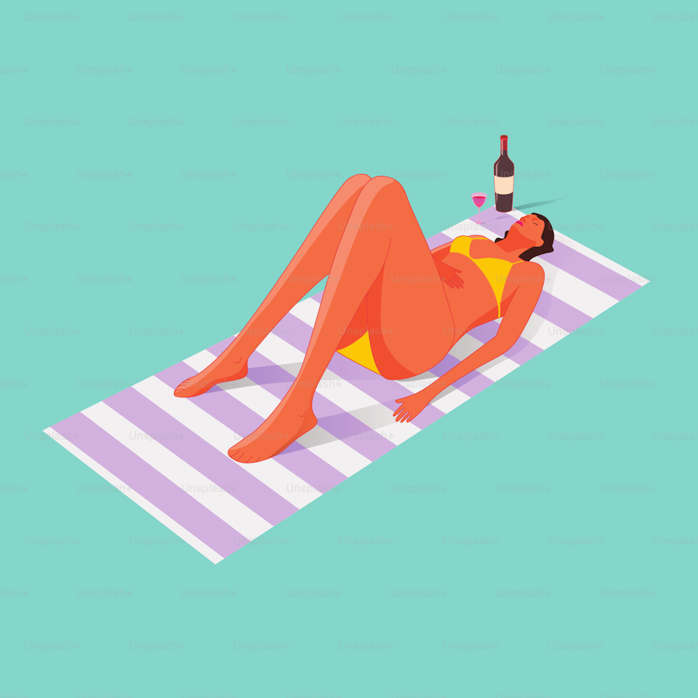 Mujer joven tomando el sol en la toalla de playa, vista isométrica de chica acostada en bikini naranja ilustración vectorial. Fiesta tropical