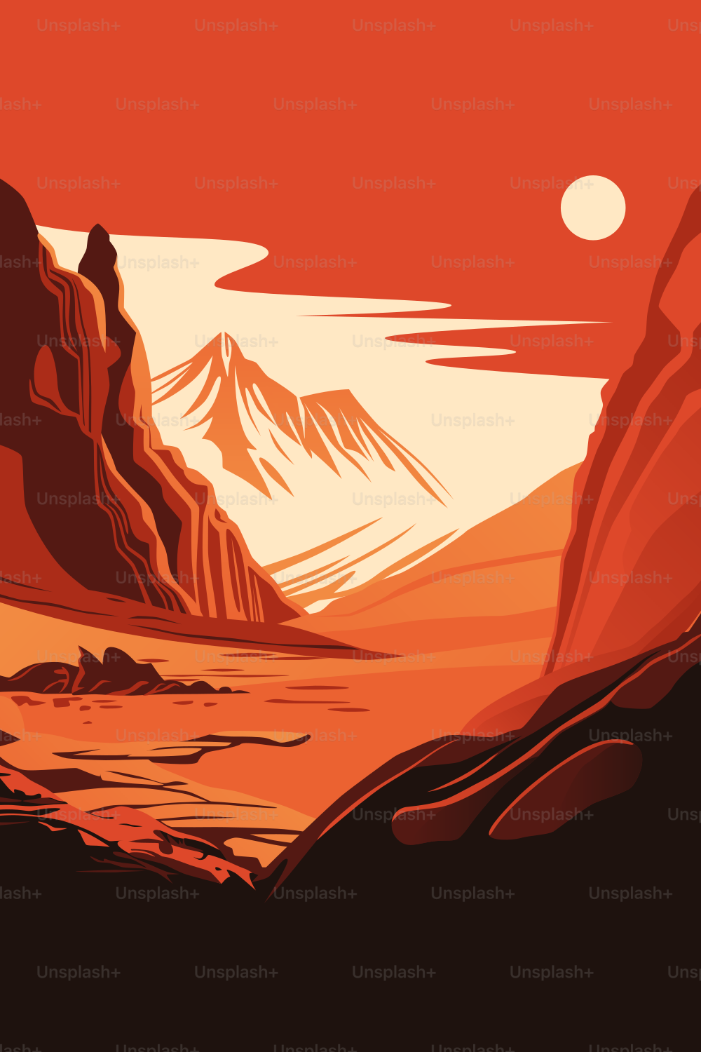 Mars Poster. Human Solar System Exploration. Surface of the Red Planet. Distant Sun in the Skies.