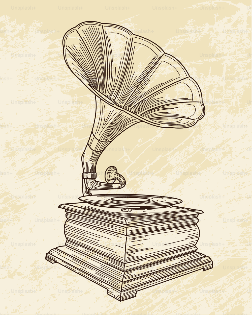 An antique gramophone on a rustic background.