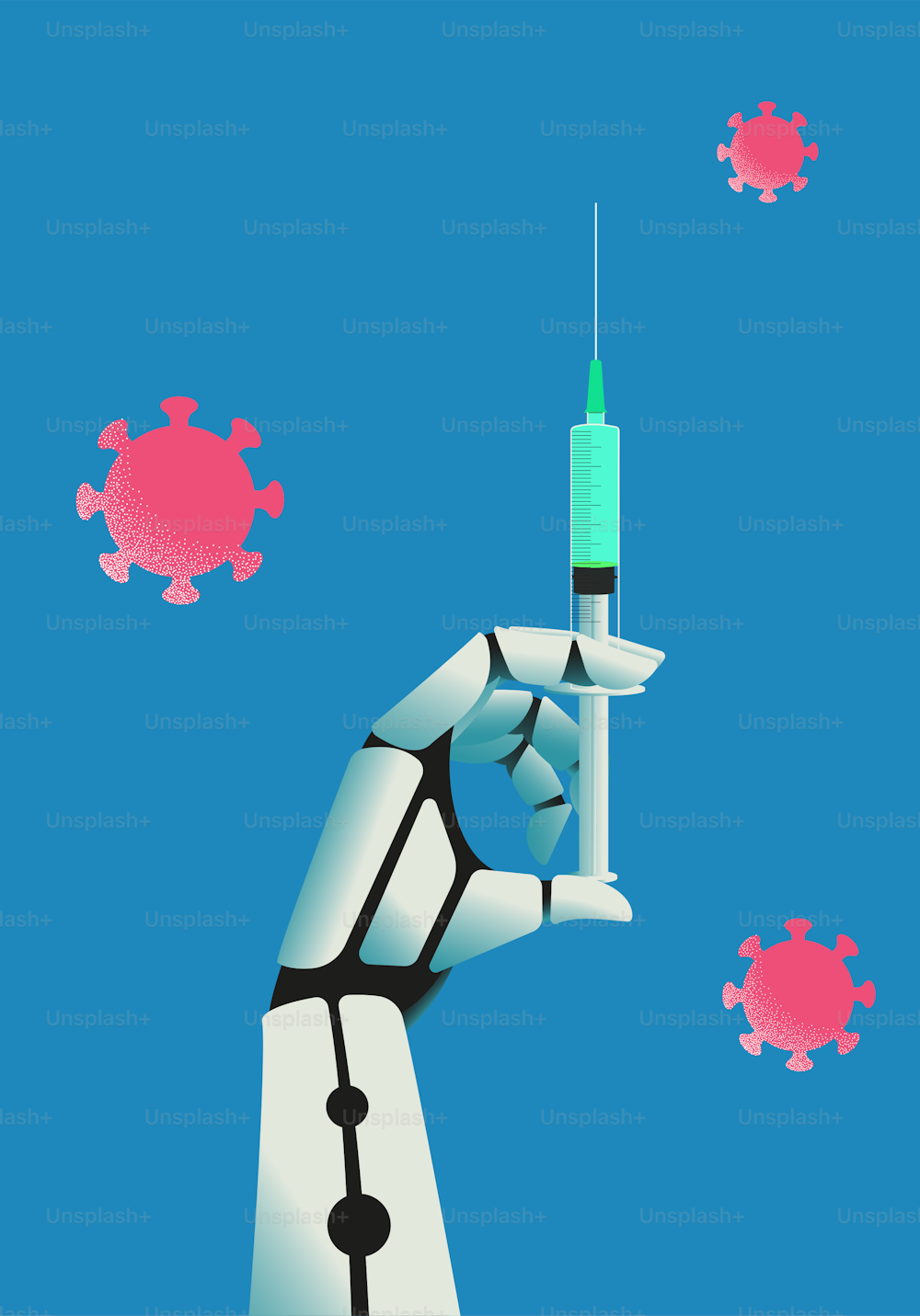 Robot hand holding syringe.  Medical tecnologies and fighting Covid-19 concept. Vector illustration.