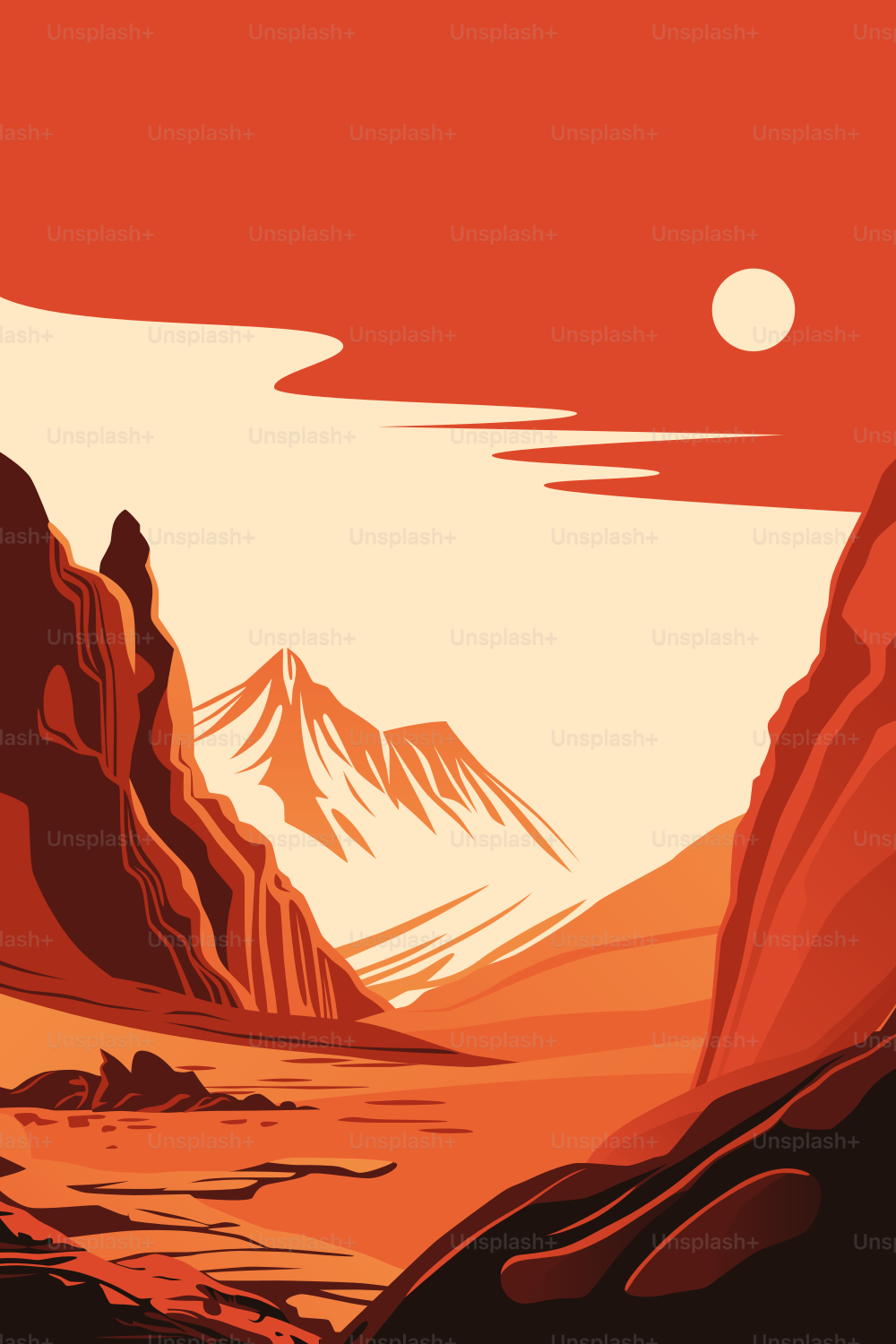 Mars Poster. Human Solar System Exploration. Surface of the Red Planet. Distant Sun in the Skies.