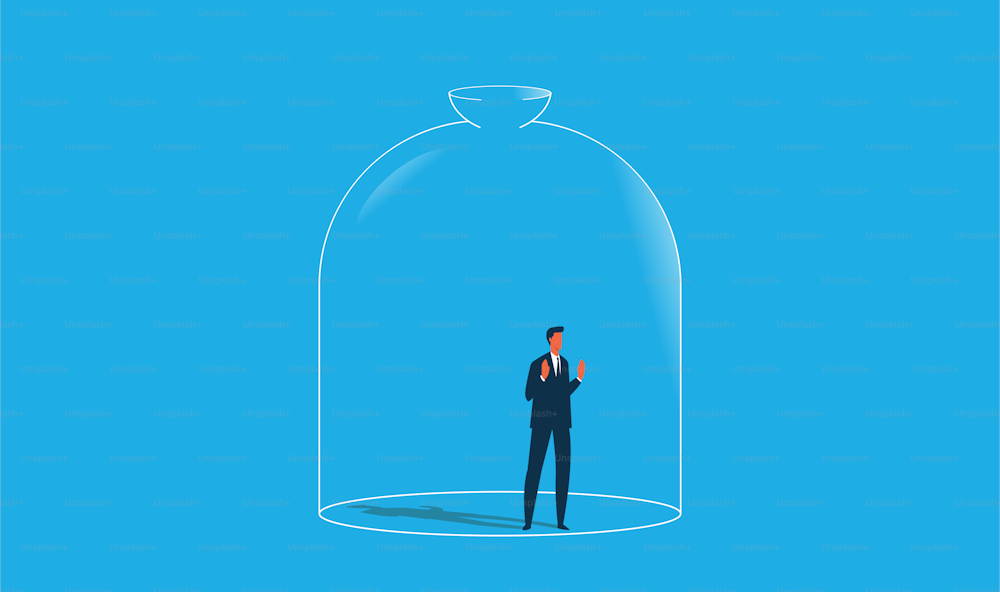 Man trapped in the glass dome. Loneliness and depression concept. Vector illustration.