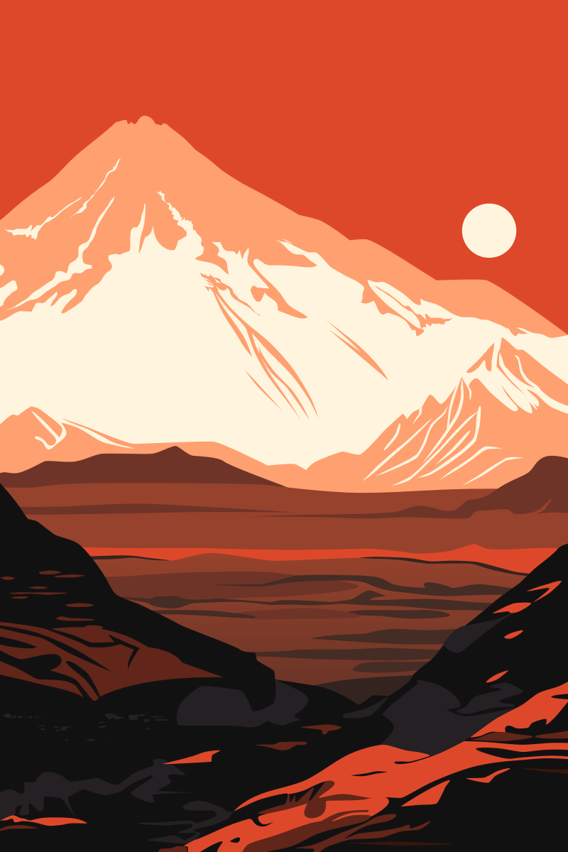 Mars Poster. Human Solar System Exploration. Surface of the Red Planet. Distant Sun in the Skies.