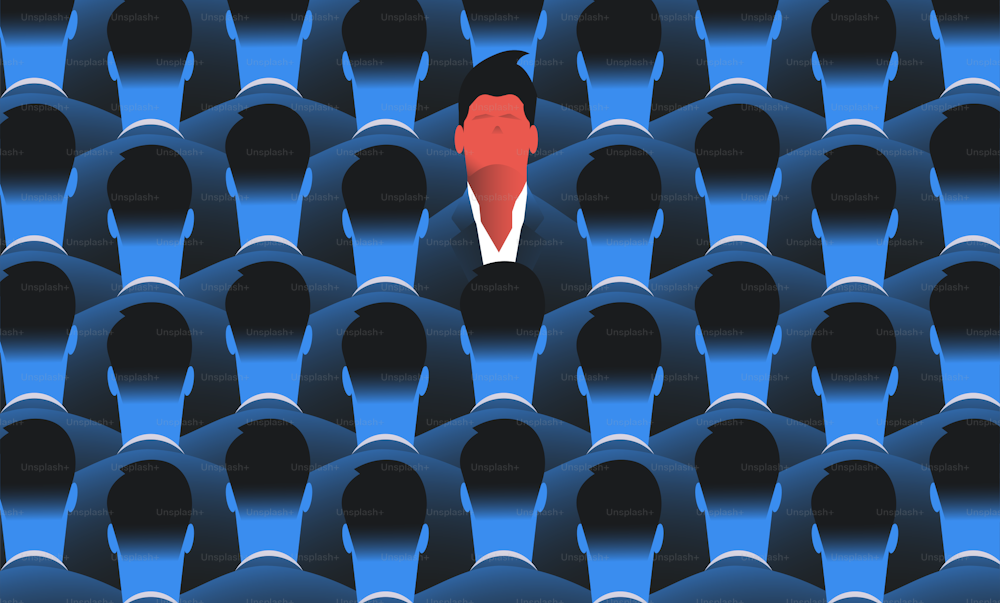 Lonely man in crowd. Stress, loneliness, mental burning, rebe concept. Vector illustration.