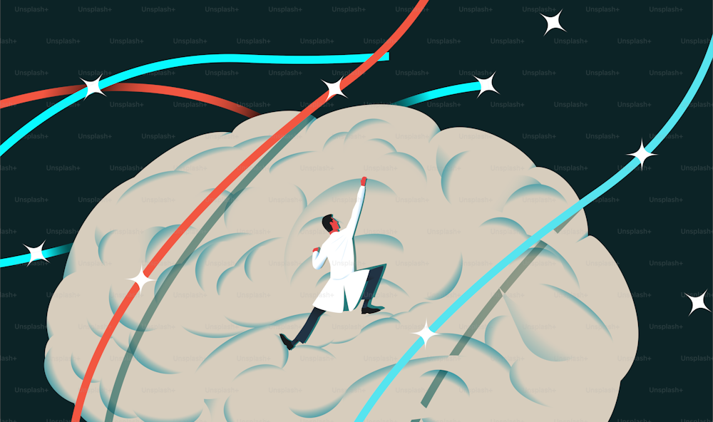Doctor climbing at the brain. Science, research,  mental health concept. Vector illustration.