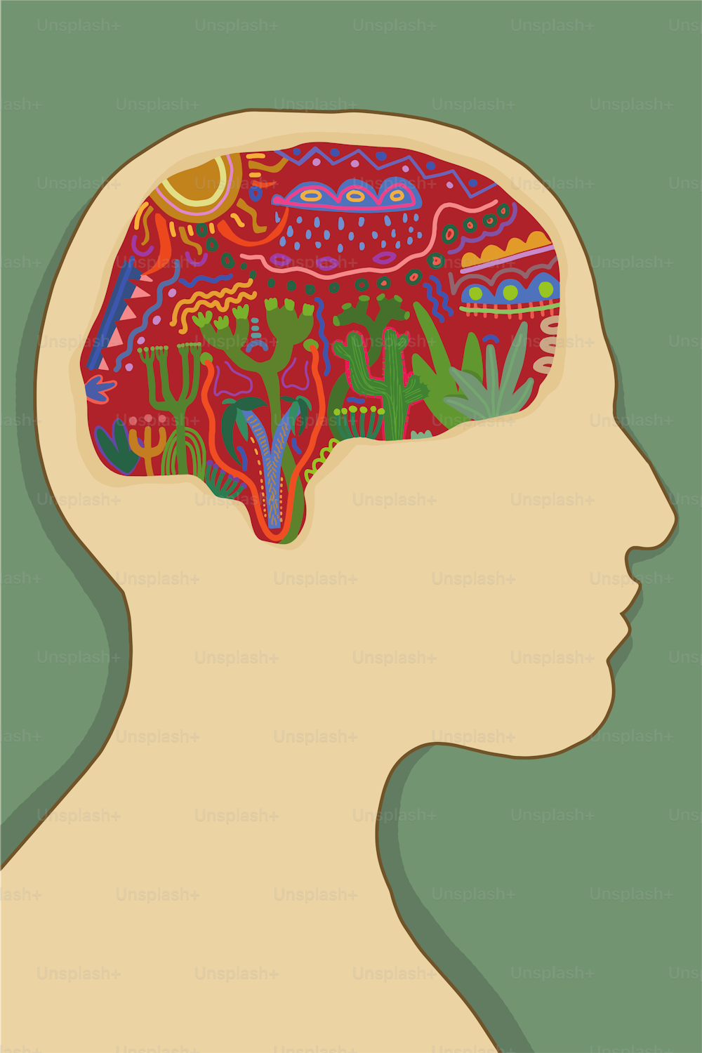 Illustrazione di una testa con una mente colorata su sfondo verde che rappresenta le idee e il pensiero di una persona alle prese con problemi mentali