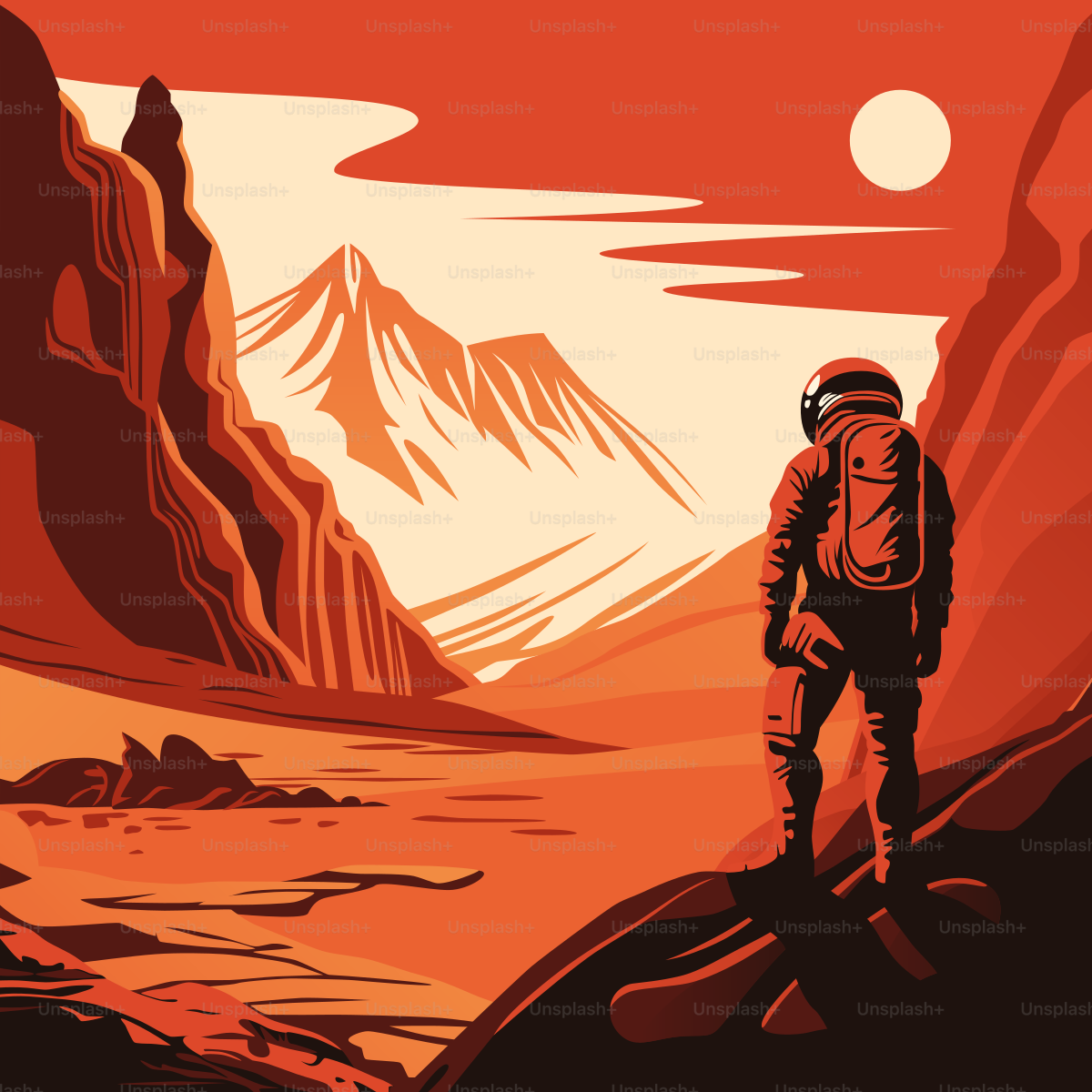 Mars Colonization Poster. Human Solar System Exploration. Astronaut on the Surface of the Red Planet, Looking at Its Landscape. Distant Sun in the Skies.