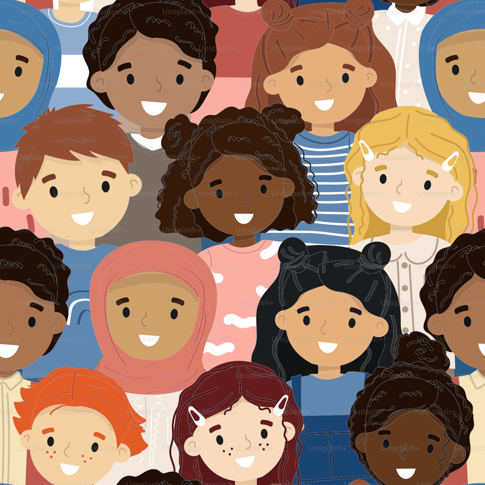 Seamless pattern with a multiethnic group of children. Kids portraits. Back to school concept. International boys and girls. Inclusivity and diversity. People of different race.