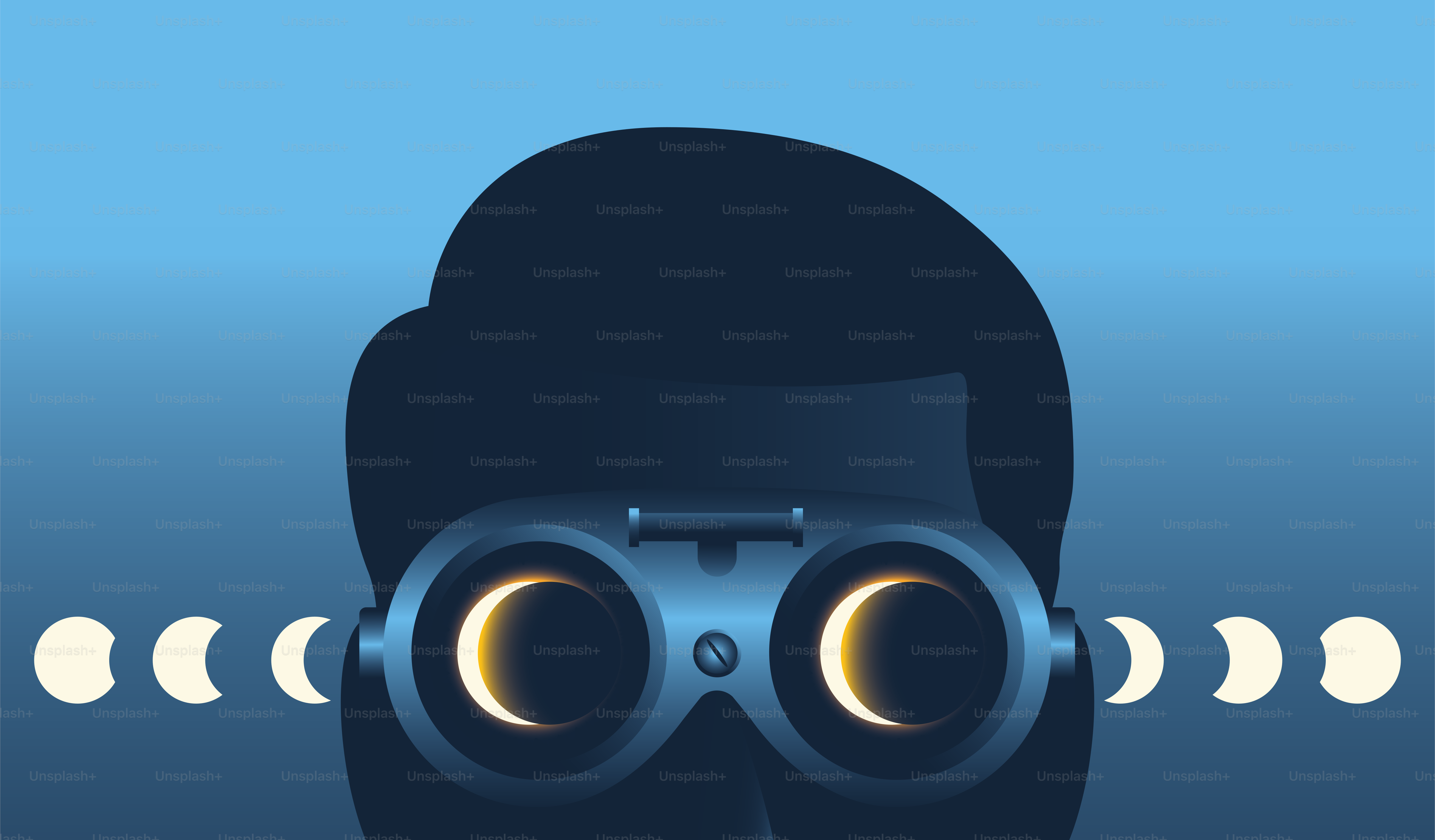 Hombre con gafas observando eclipse solar. Ciencia, astromomía, concepto de investigación. Ilustración vectorial.