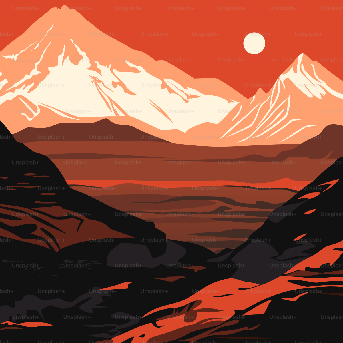 Mars Poster. Human Solar System Exploration. Surface of the Red Planet. Distant Sun in the Skies.