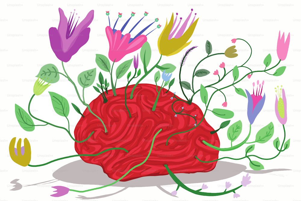Illustration eines Gehirns, aus dem Blumen wachsen, die den Geisteszustand zeigen, in dem er sich befindet