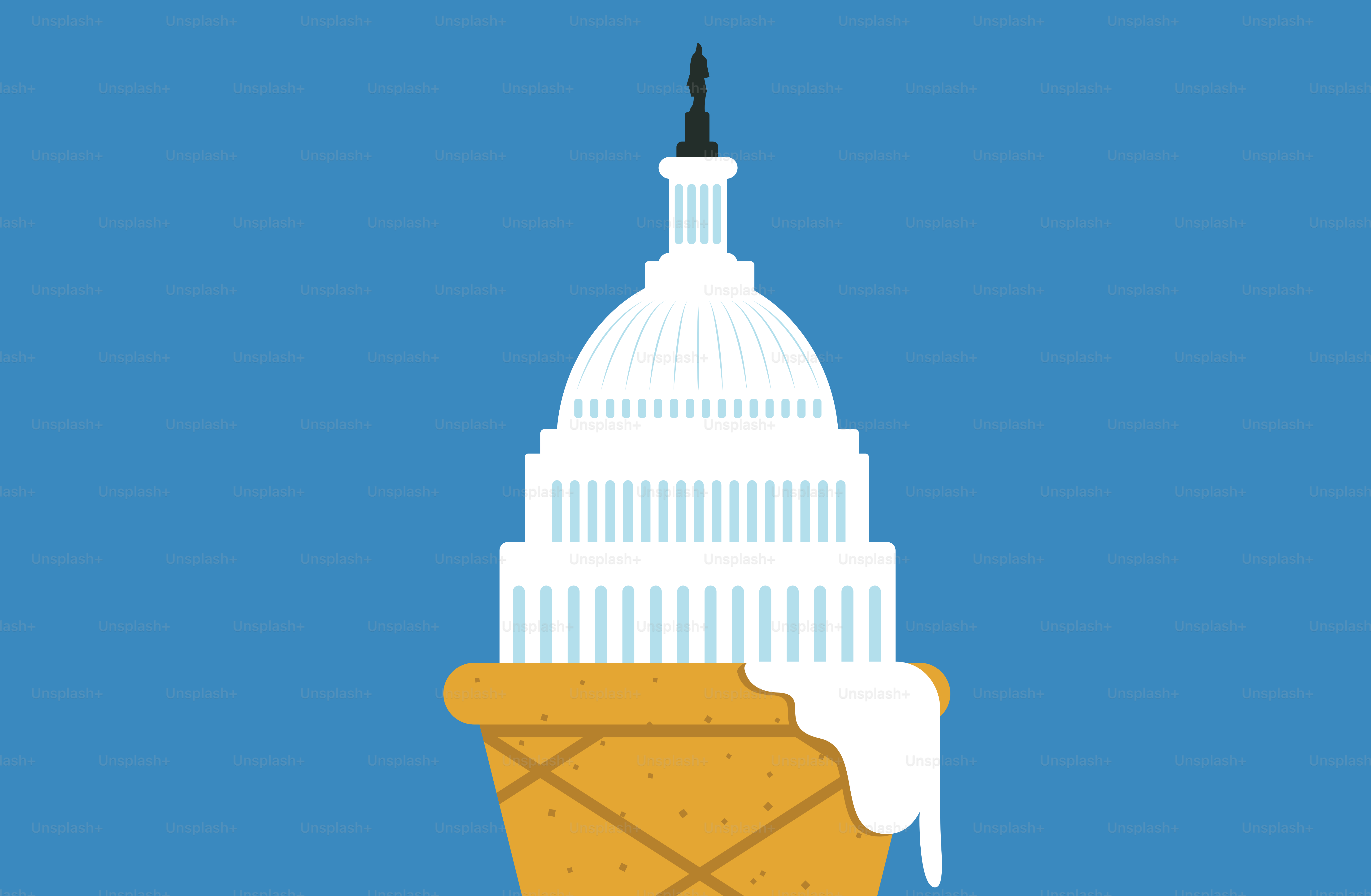 Melting ice cream in the shape of White House. Political and economical problems concept. Flat vector illustration.