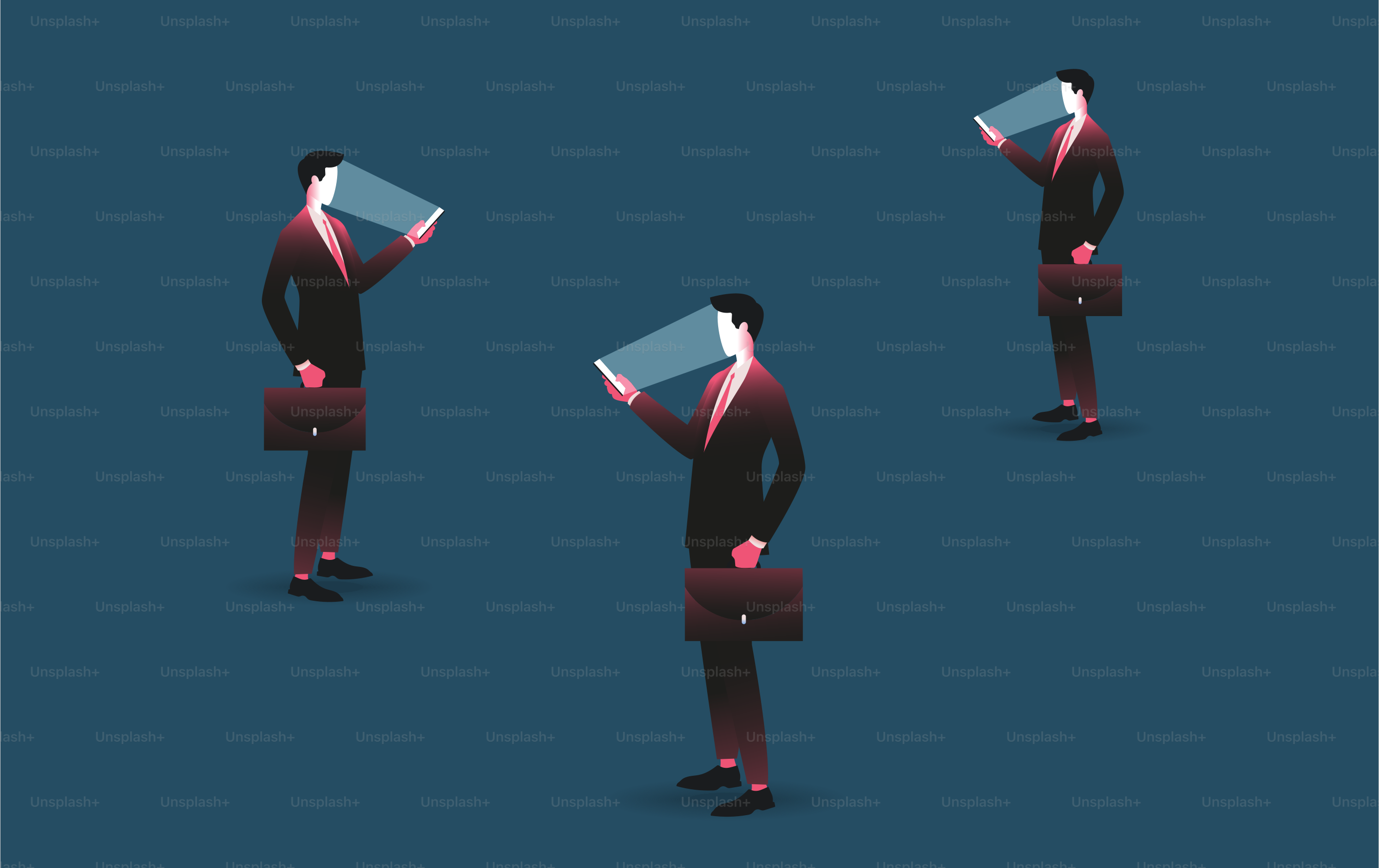 Men in suits staring at their phones without any expression. Gadgets addiction concept. Vector illustration.