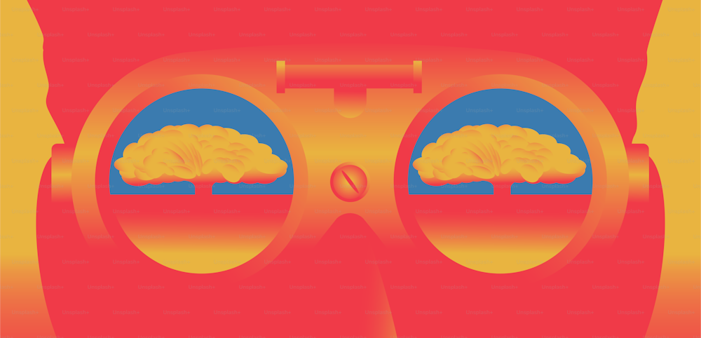 Atomic explosion reflecting in goggles. Scientis lloking at nuclear blast. Concept vector illustration.