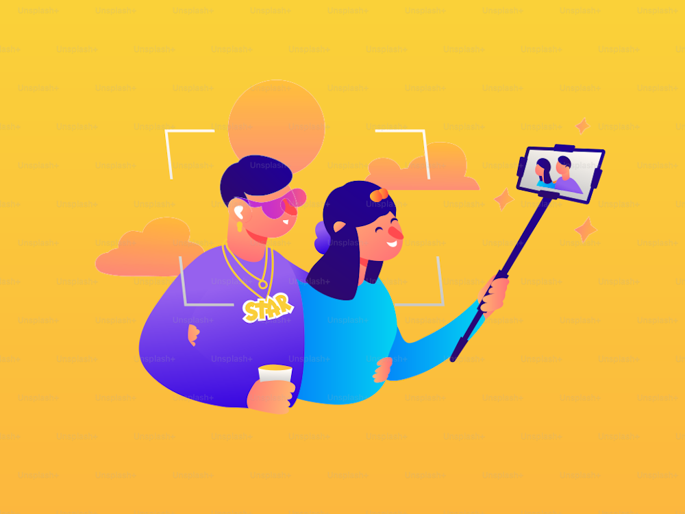 Fan selfie with a celebrity. The girl is photographed with the idol. Vector illustration.