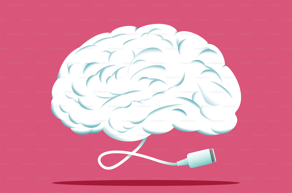 Human brain with cable. Biotechnology, artifical intelligence concept. Vector illustration.