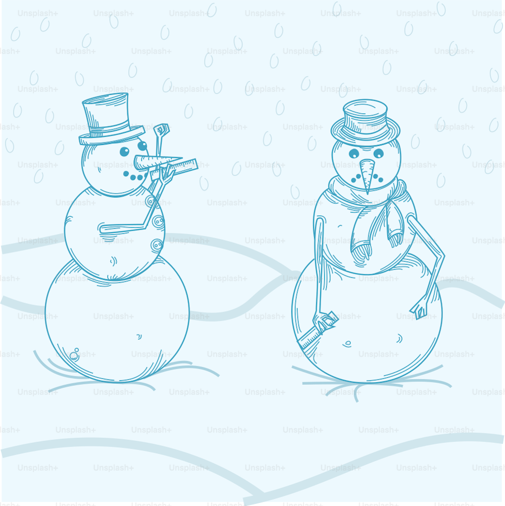 경쟁적인 두 눈사람이 당근 코의 크기를 비교합니다. 모두를 위한 휴일 이미지! 훌륭한 명절 인사말 카드를 만들 수 있습니다!