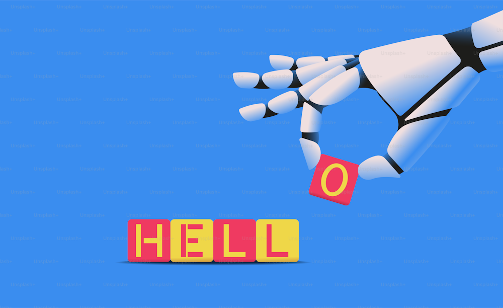 Robotic hand stacking word hello from the blocks. Artifical intelligence technologies concept. Vector illustration.