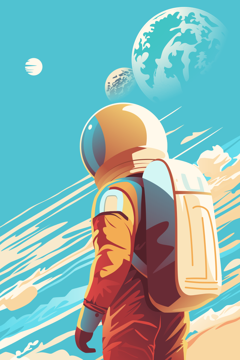 Human Space Exploration Futuristic Poster. An Astronaut Against Unfamiliar Skies with New Planets to Discover.