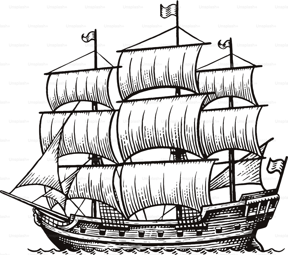 Engraving style illustration of an old sailing ship. Side view.