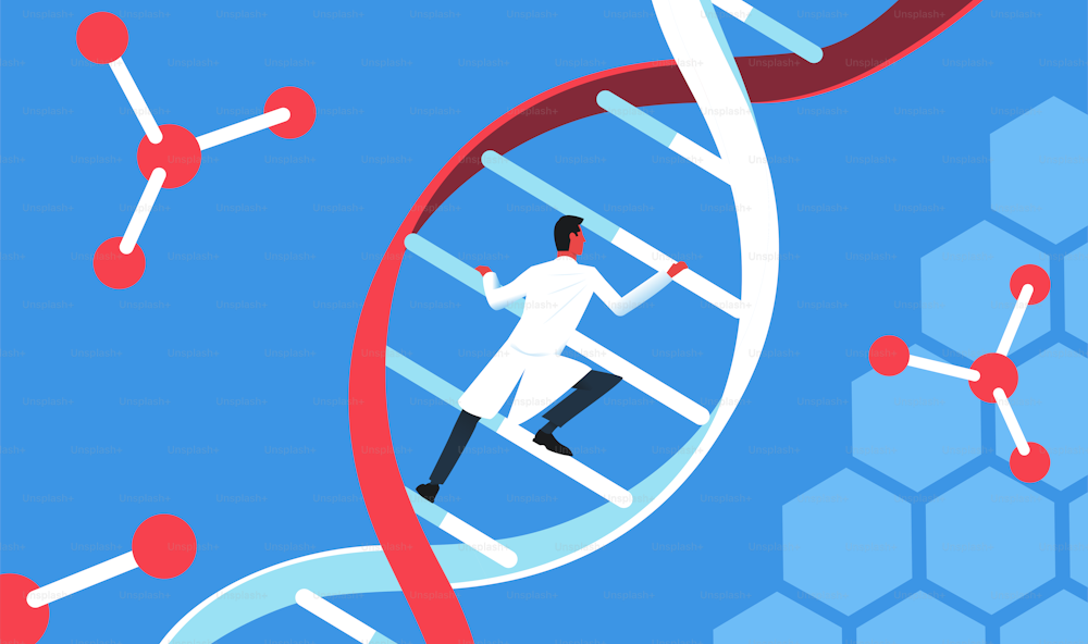 Doutor subindo escada em espiral de DNA. Pesquisas genéticas, saúde, conceito de medicina. Ilustração vetorial.