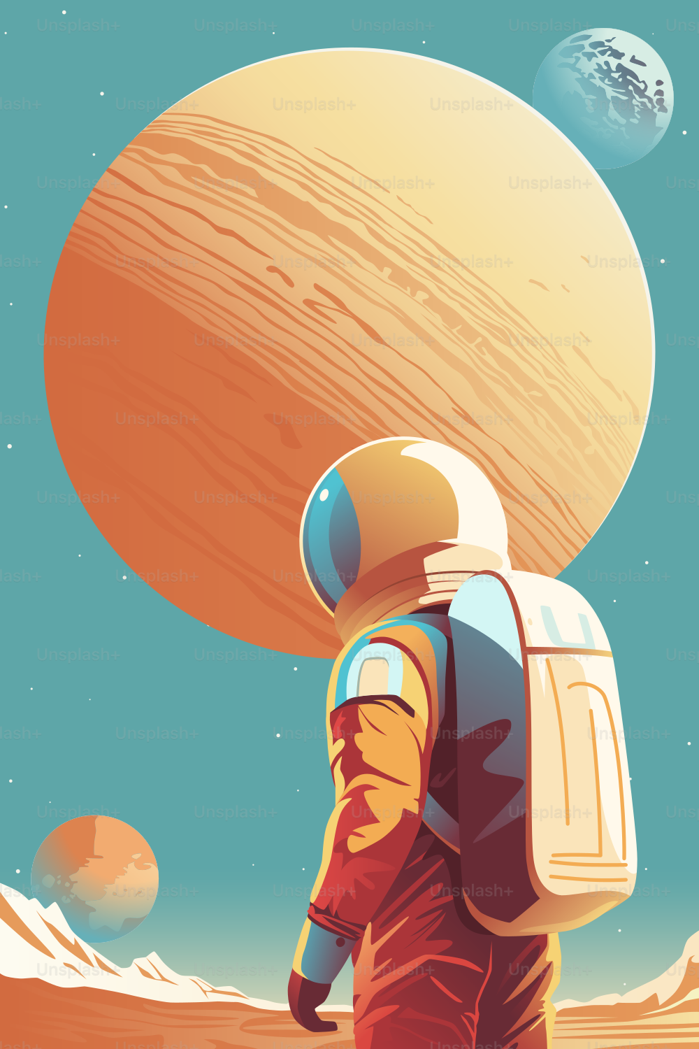 Human Space Exploration Futuristic Poster. An Astronaut on the Surface of Newly Discovered Planet Against Unfamiliar Skies with New Ones to Explore.
