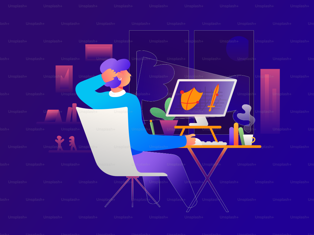 Game designer working at desktop computer. Vector illustration.