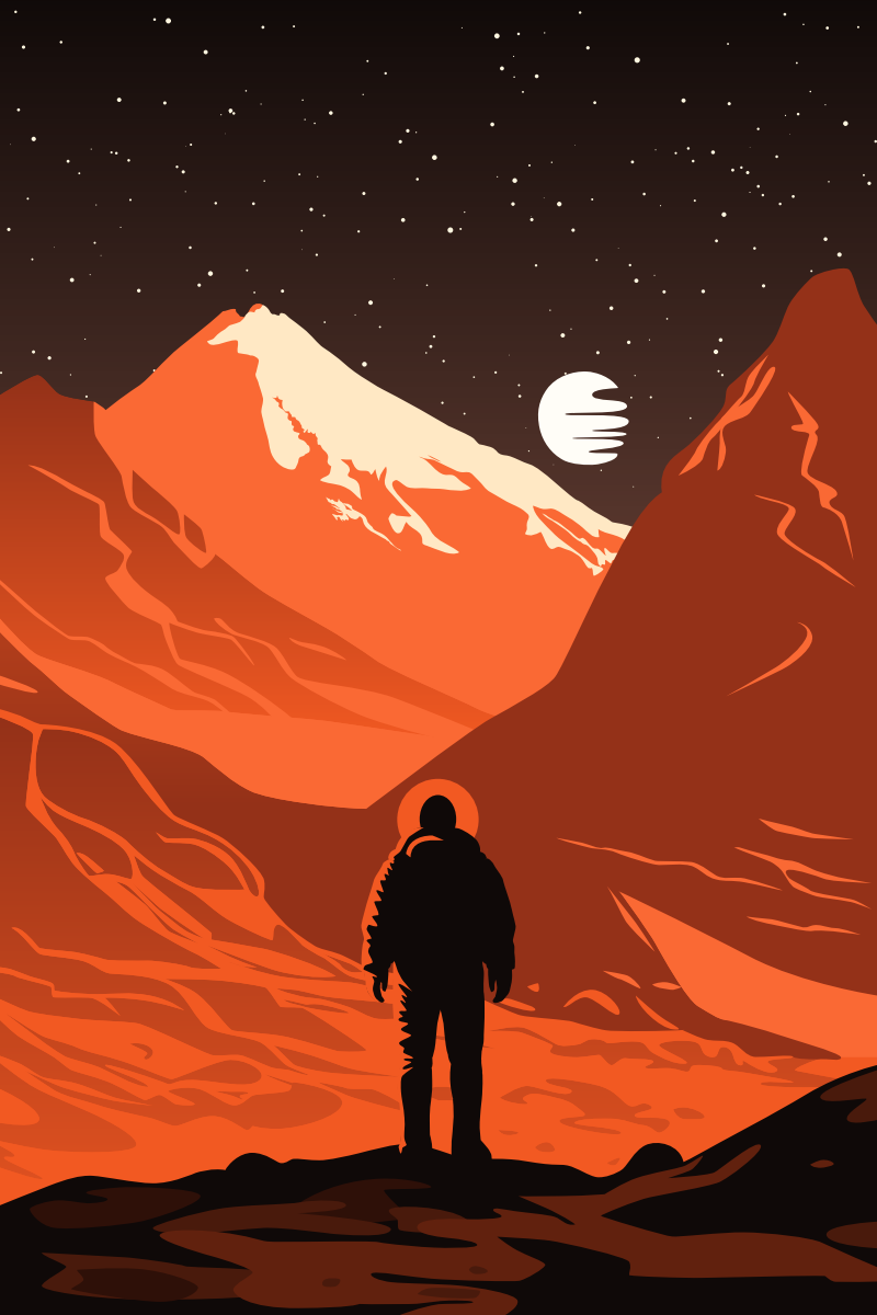 Poster Eksplorasi Manusia Mars. Astronot melihat lanskap merah dan langit gelap yang penuh dengan bintang dan matahari yang jauh dan akrab.