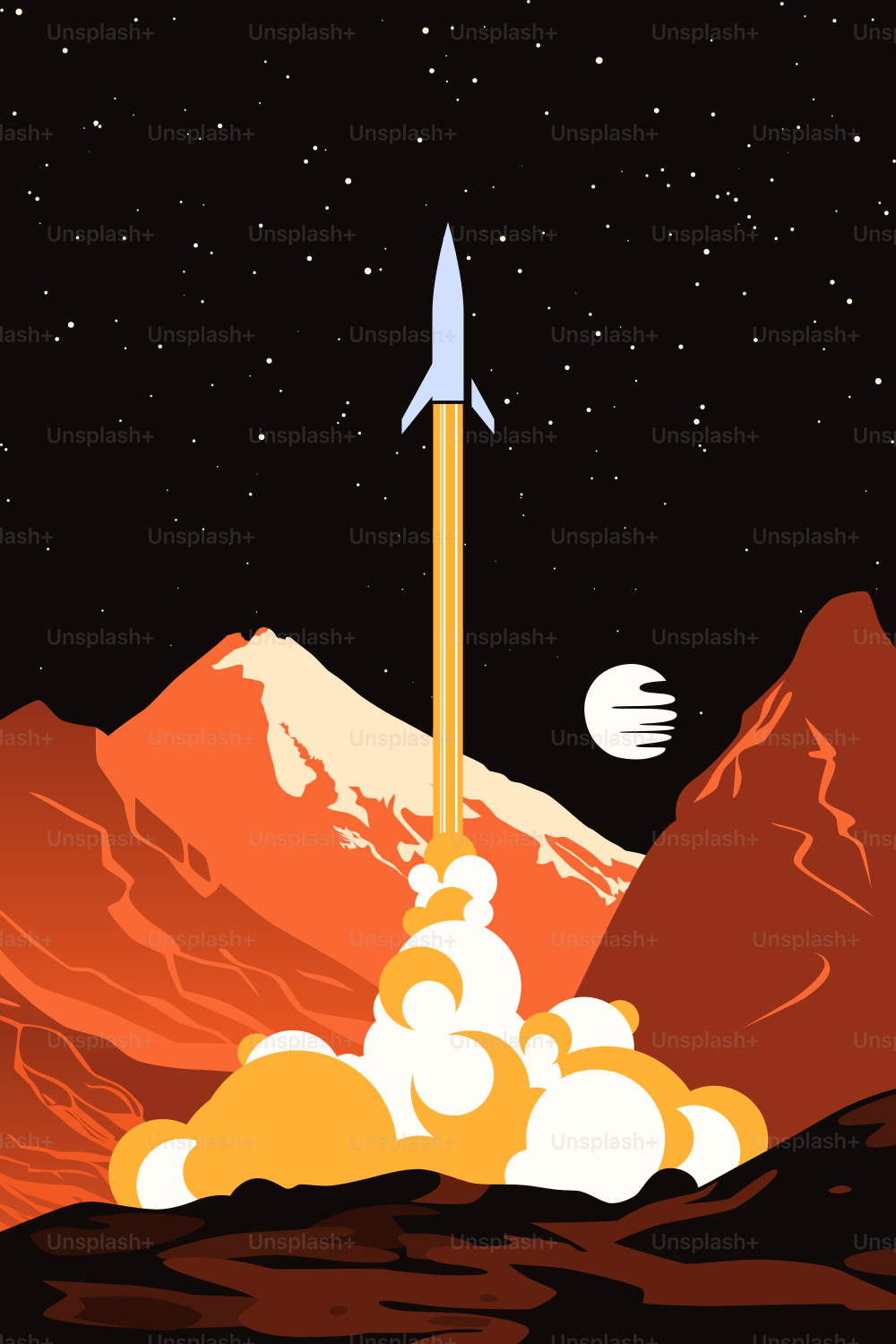 Mars Human Exploration Poster. Spaceship Taking Off. Distant Sun in the Dark Skies Full of Stars.