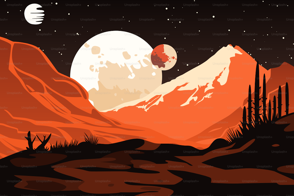 Poster zur Mars-Erkundung. Astronaut blickt auf rote Landschaft. Raumschiff hebt ab. Dunkler Himmel voller Sterne.