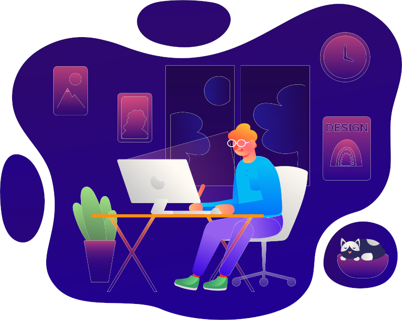 Il designer lavora da casa. Con un telaio adattato da inserire ovunque. Illustrazione vettoriale.