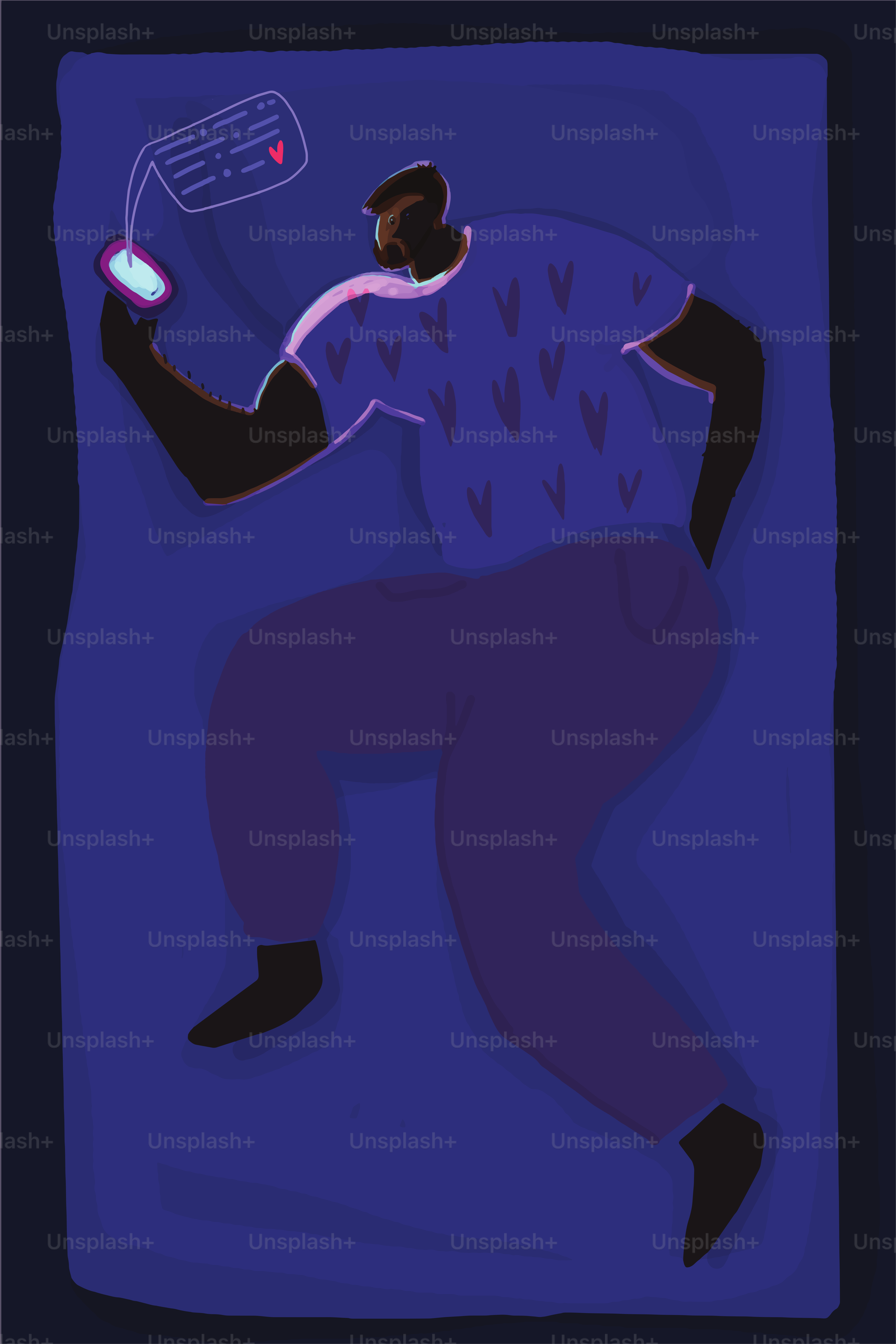 One man lying down on his bed and writing a message to his girlfriend before going to sleep